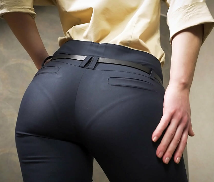 Jav Enchantress Teases Her Luscious Assets In Tight Work Trousers With Visible Panty Line